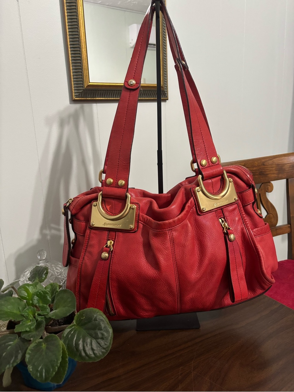 b. makowsky Red Leather Shoulder Bag with Gold-Tone Accents